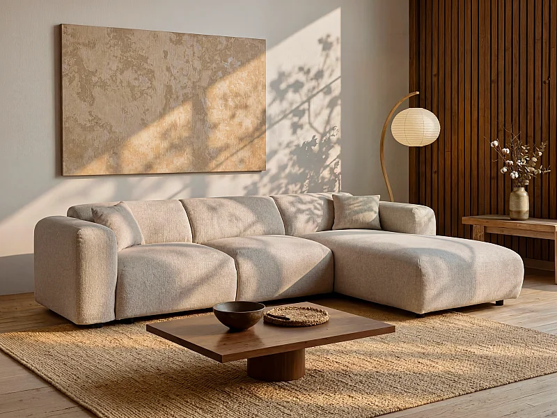 Grand canapé d'angle droit en tissu chiné beige POGNI de Maison Céphy