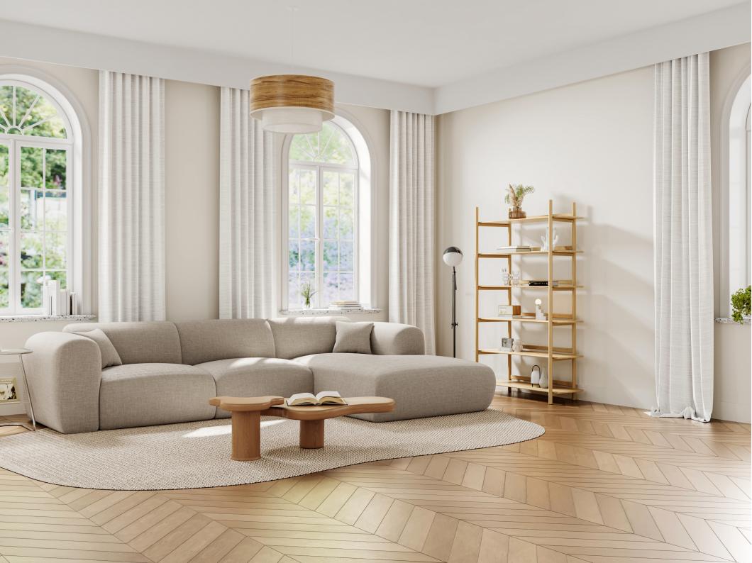 Grand canapé d'angle droit en tissu chiné beige POGNI de Maison Céphy