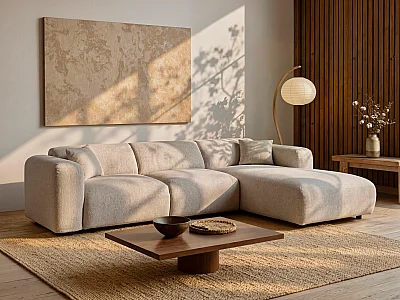 Grand canapé d'angle droit en tissu chiné beige POGNI de Maison Céphy