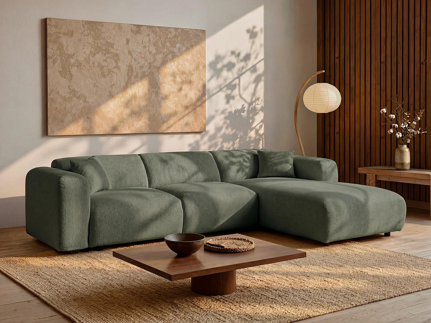 Sofá de canto direito grande em tecido matizado verde - POGNI da Maison Céphy