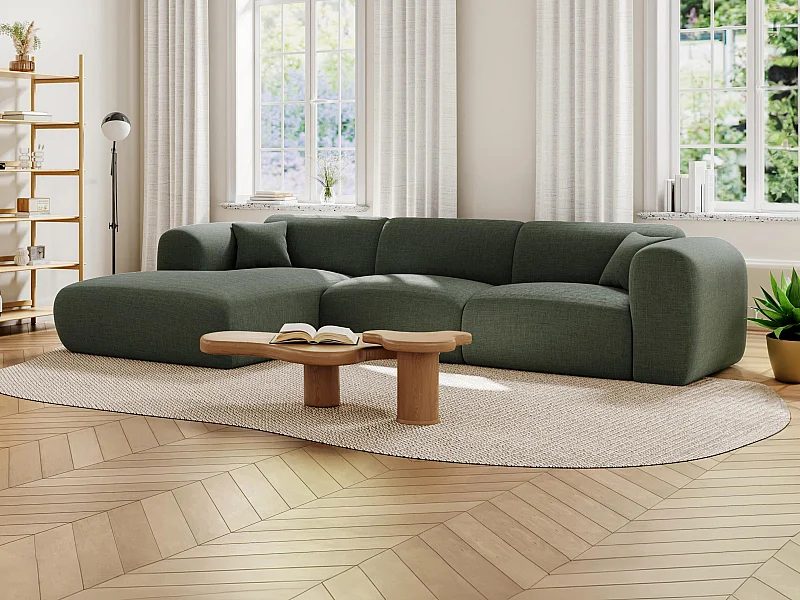 Grote hoekbank met hoek links van groene gechineerde stof POGNI van Maison Céphy