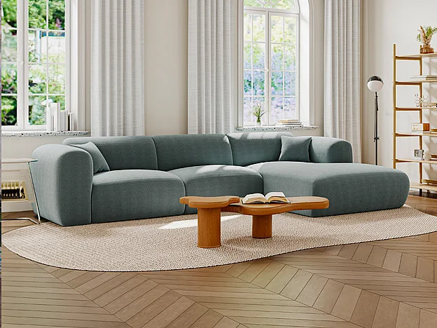 Grand canapé d'angle droit en velours côtelé fines côtes bleu POGNI de Maison Céphy