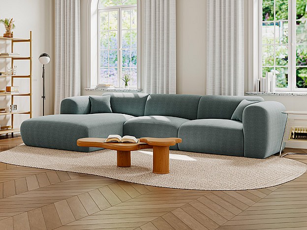 Stor venstrevendt hjørnesofa i blått finkordert stoff POGNI fra Maison Céphy