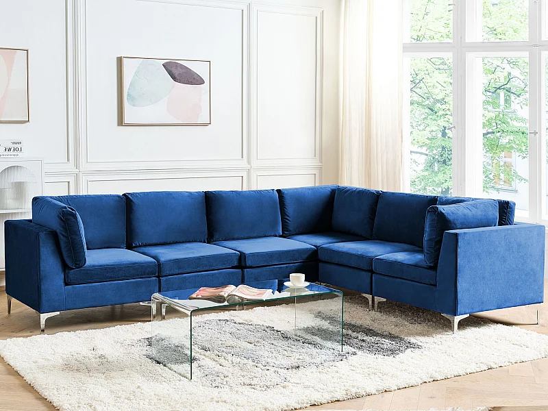 Modulares 6-Sitzer Sofa Polsterbezug Samtstoff Blau linksseitig Metallbeine Evja