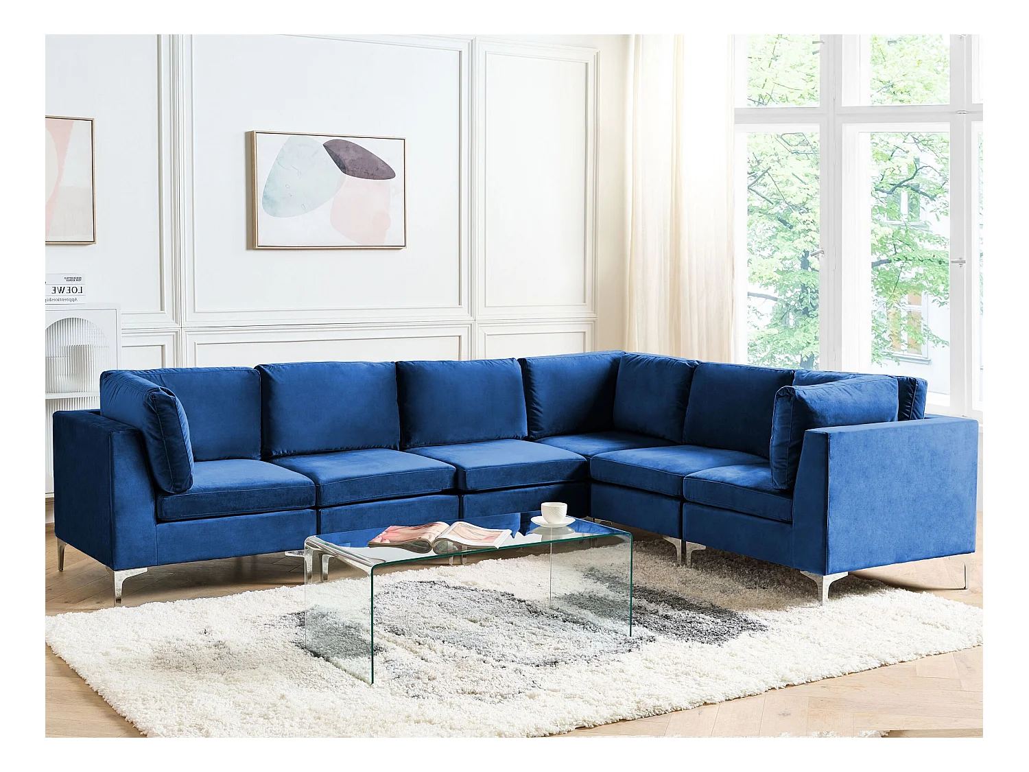 Canapé Modulable droite Bleu Marine et Argenté en Velours 6 Places Glamour Evja