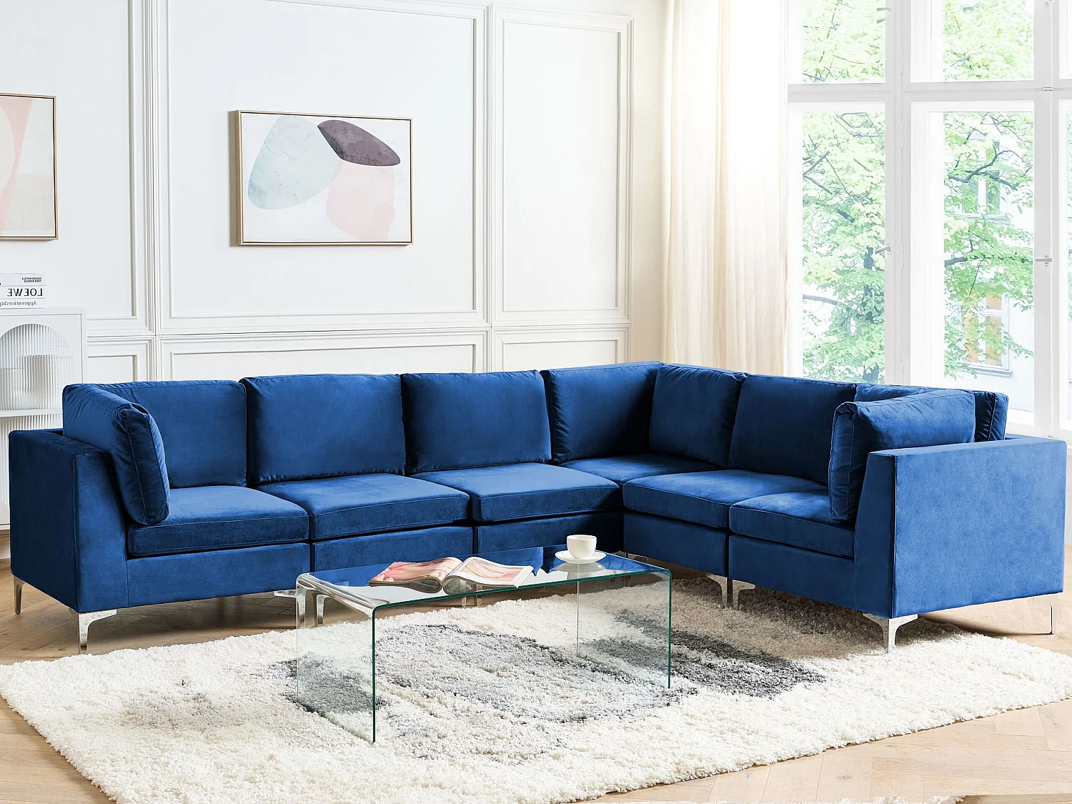 Modulaire hoekbank EVJA Fluweel Marineblauw 6-zitter Linkerzijde