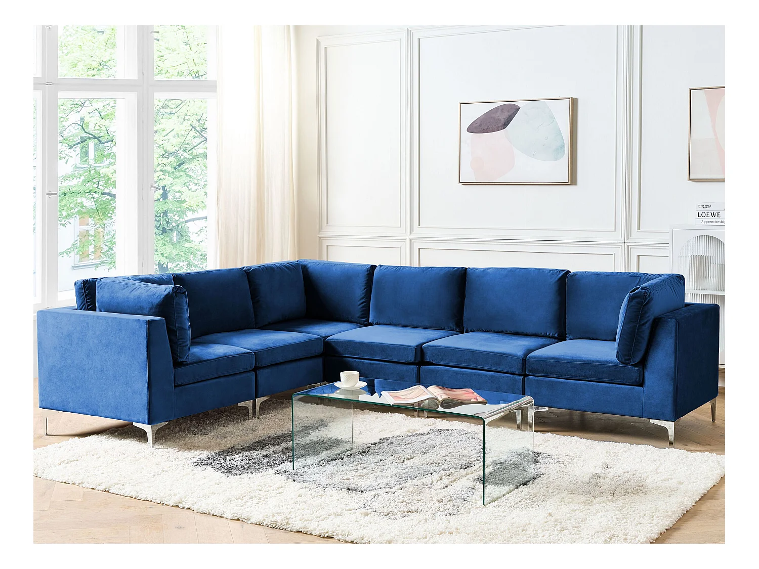 Canapé Modulable Droit Bleu Marine et Argenté en Velours 6 Places Glamour Evja