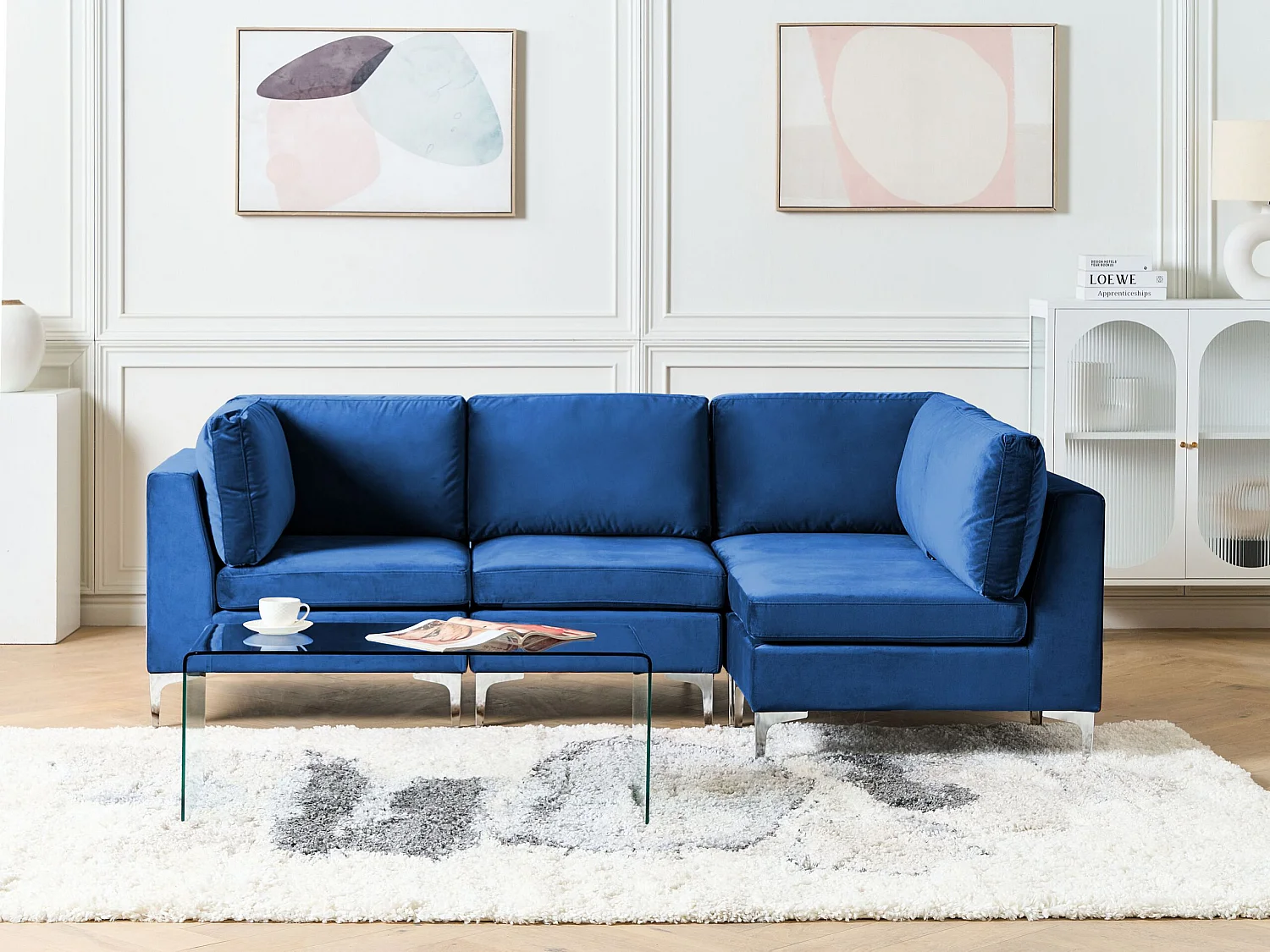 Modulares 4-Sitzer Ecksofa Samtstoff Blau linksseitig Metallbeine Modern Evja