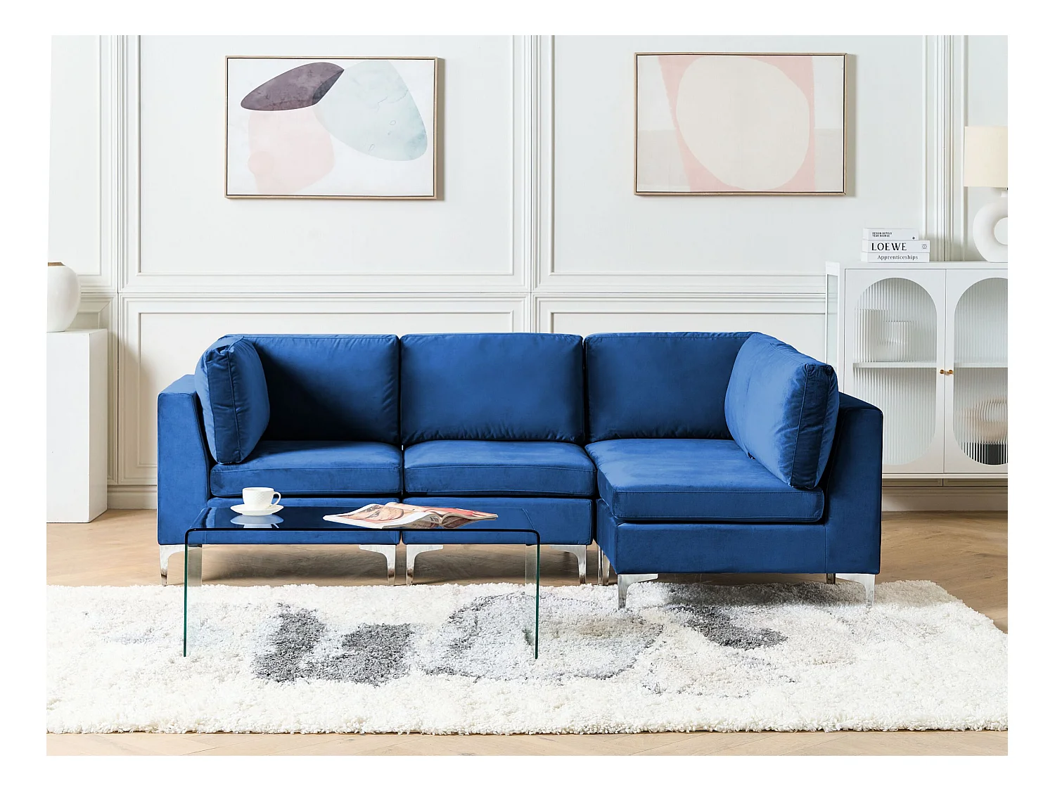 Canapé Modulable droite Bleu Marine Argenté en Velours 4 Places Glamour Evja