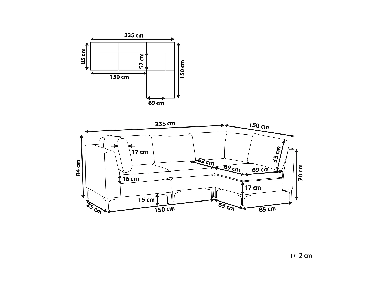 Canapé Modulable droite Bleu Marine Argenté en Velours 4 Places Glamour Evja