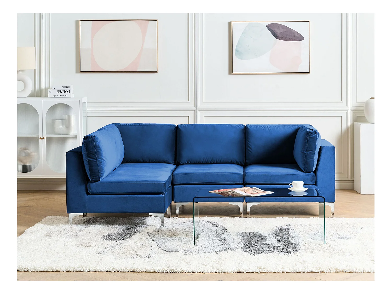 Modulaire hoekbank EVJA Fluweel Marineblauw 4-zitter Rechterzijde