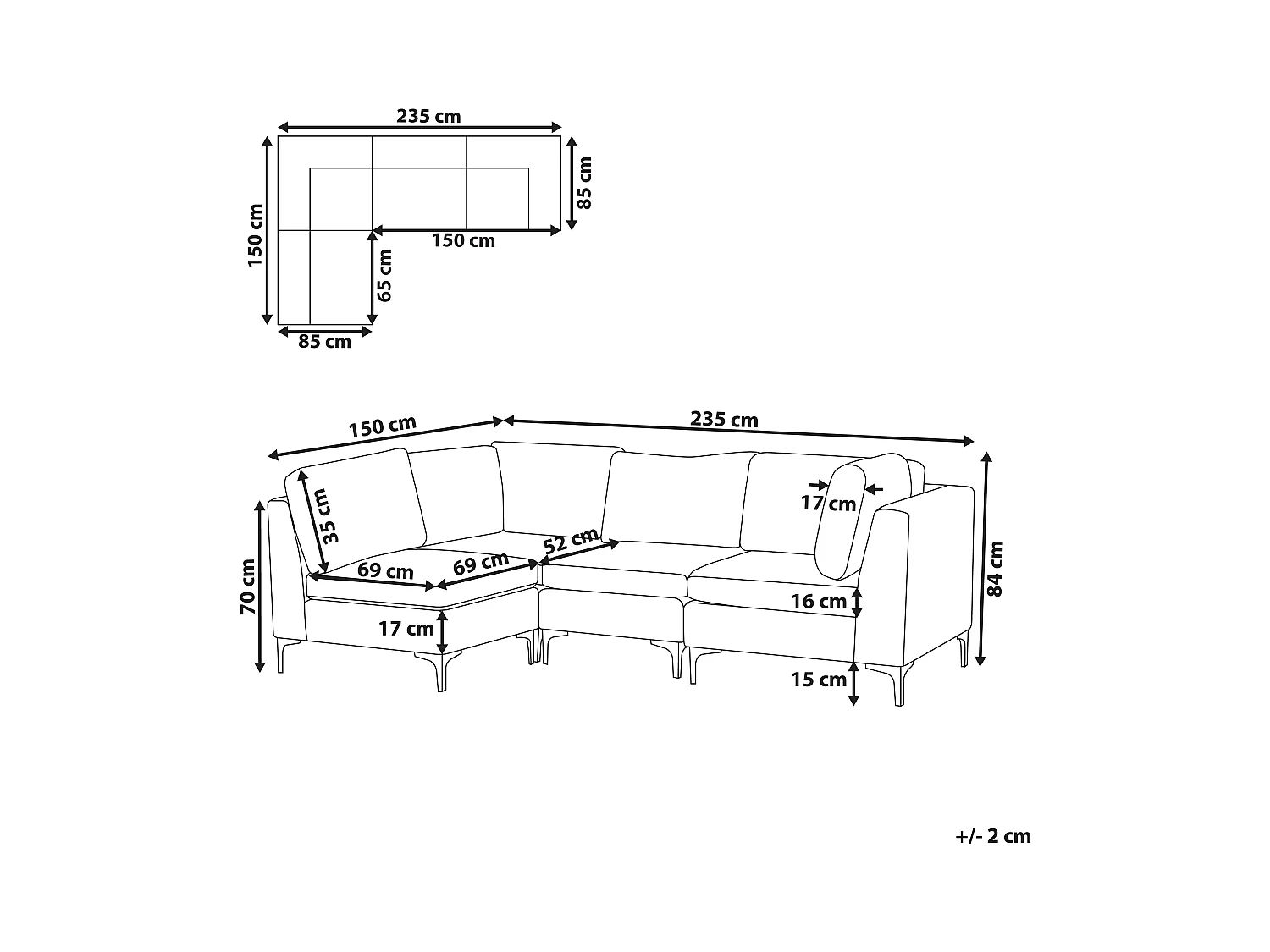 Modulaire hoekbank EVJA Fluweel Marineblauw 4-zitter Rechterzijde